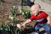 Devon playing in the flowers at Kids Kingdom