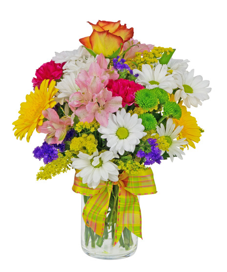 Bright and colorful flowers are arranged in a cylinder vase. 