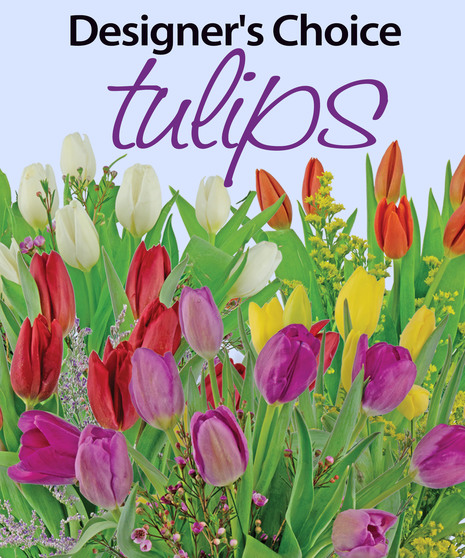 Tulips and filler are arranged by hand in a clear glass vase, best available color will be chosen. 
