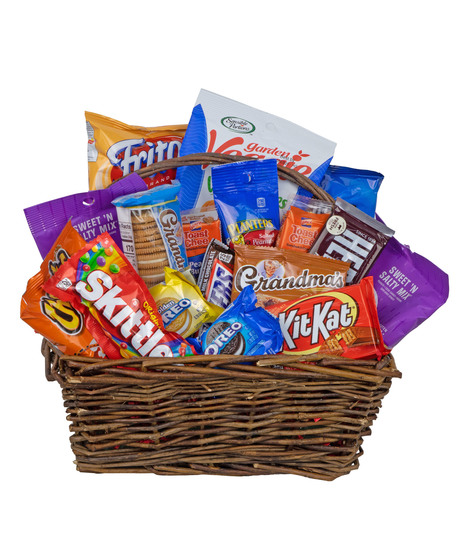 Something for everyone in the home or office in this basket for of snacks. 