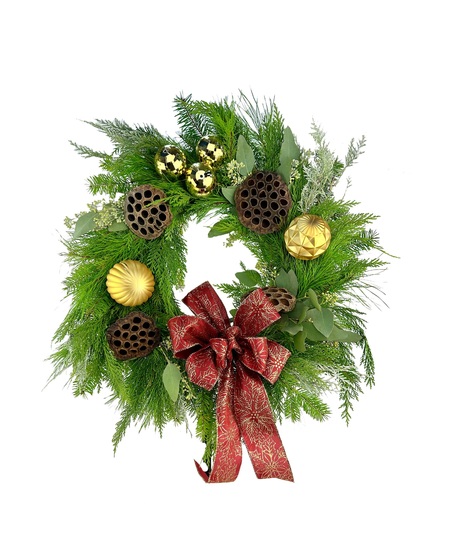 Burgundy and Gold Evergreen Wreath