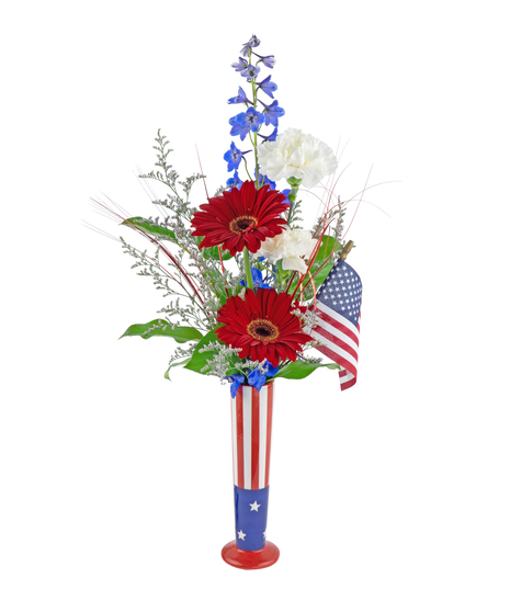 Red, white nad blue flowers in a stars and stripes budvase, perfect for Summer.
