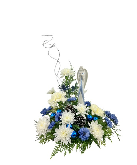 Blue and white daisies  with a white angel