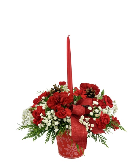 Red tin with carnations, babies breath and greenery.