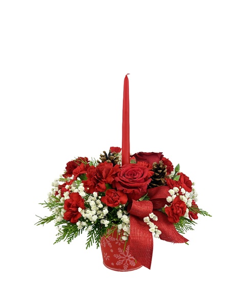 Red tin with carnations, babies breath and greenery.