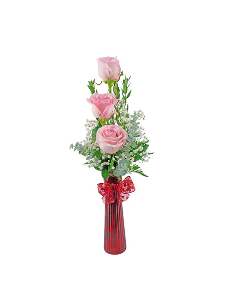 Red or light pink roses, each in a red glass vase with babies breath. 