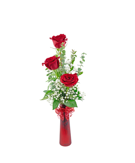 Red or light pink roses, each in a red glass vase with babies breath. 