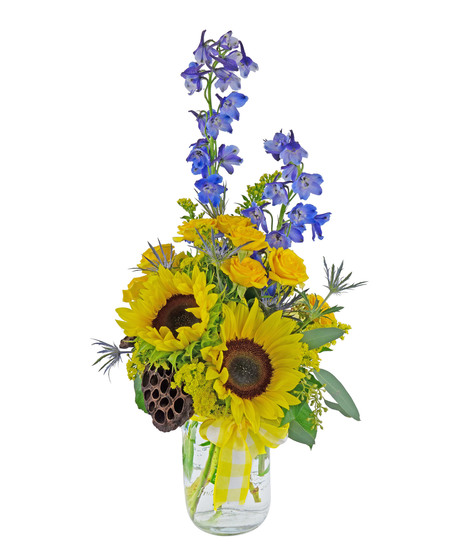Blues and yellows make this a bright and sunny bouquet in a mason jar 