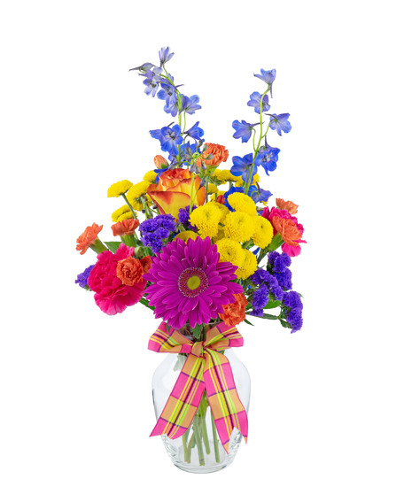 Hot pink, orange, yellow and purple gerbers, delphinium, roses and carnations in a clear glass vase tied with a pretty bow.