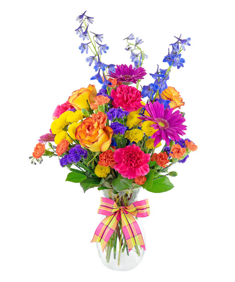 Hot pink, orange, yellow and purple gerbers, delphinium, roses and carnations in a clear glass vase tied with a pretty bow.