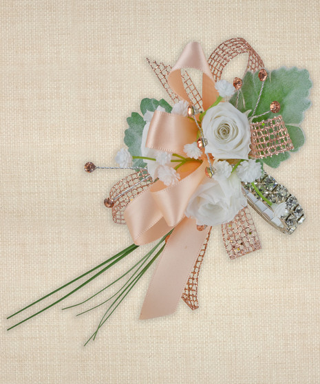 White spray roses with peach and rose gold accents in fresh or silk flowers. 