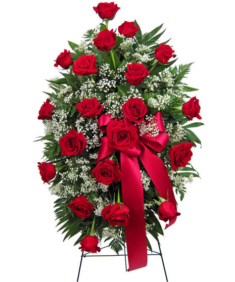 Sympathy spray of red roses, baby's breath and leather leaf. 