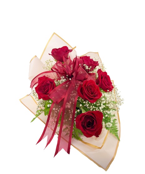 One dozen red roses, in an arm bouquet, with tissue and bow.