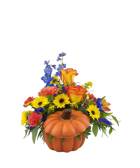 This bright cheerful ceramic pumpkin full of flowers will make them smile today!