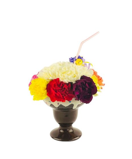 Carnations arranged to look like an ice cream sundae.