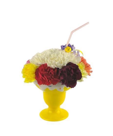 Carnations arranged to look like an ice cream sundae.